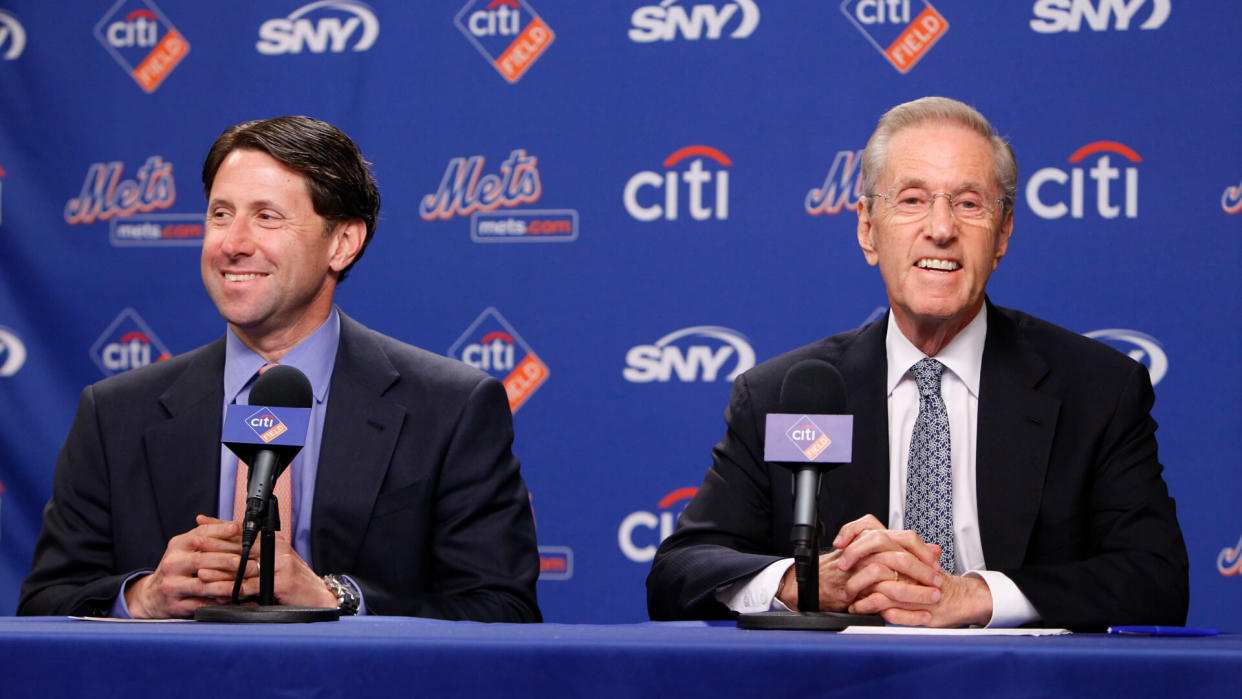 Mandatory Credit: Photo by Seth Wenig/AP/Shutterstock (6306116t)Jeff Wilpon, Fred Wilpon Jeff Wilpon, left, and Fred Wilpon, right, at a news conference, at Citi Field in New YorkMets Baseball, New York, USA.