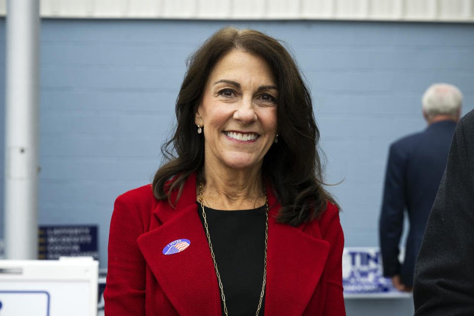 Carolyn Carluccio, Republican Pennsylvania Supreme Court candidate, at the Wissahickon Valley Public Library after voting in Blue Bell, Pa. on Tuesday, Nov. 7, 2023. (AP Photo/Joe Lamberti)