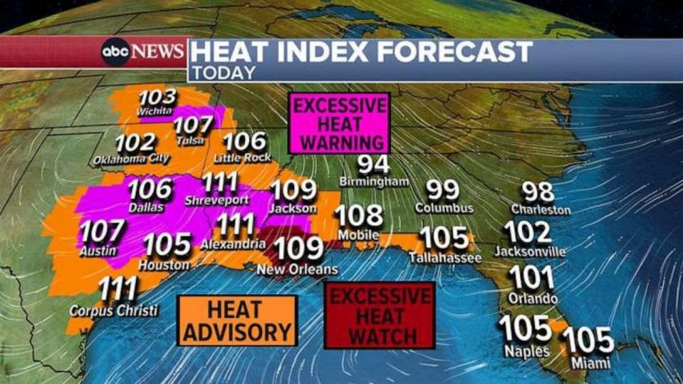 PHOTO: Heat index values are forecast to be well over 100 degrees Fahrenheit in cities like Dallas, Texas; Houston, Texas; New Orleans, Louisiana; and Miami, Florida, during July 31-Aug. 2, 2023. (ABC News)