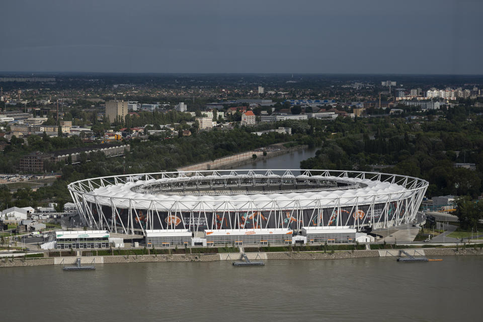 A view of Budapest's National Athletics Centre, on Wednesday, Aug. 9, 2023. The National Athletics Centre will be the main venue for the World Athletics Championships in Budapest from 19-27 August 2023. (AP Photo/Denes Erdos)