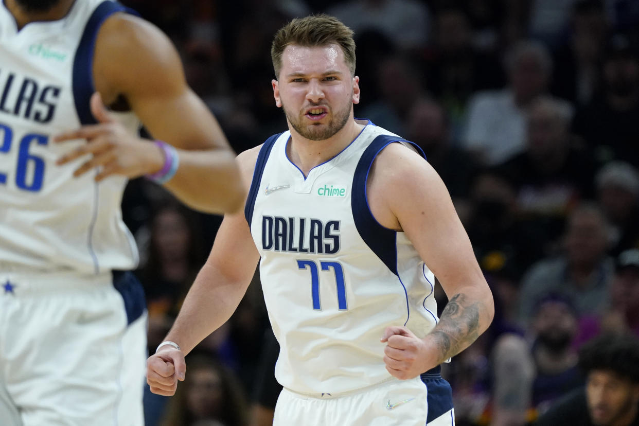 Dallas Mavericks guard Luka Doncic celebrates a basket against the Phoenix Suns during Game 7 of the Western Conference semifinals series on May 15, 2022, in Phoenix. (AP Photo/Matt York)