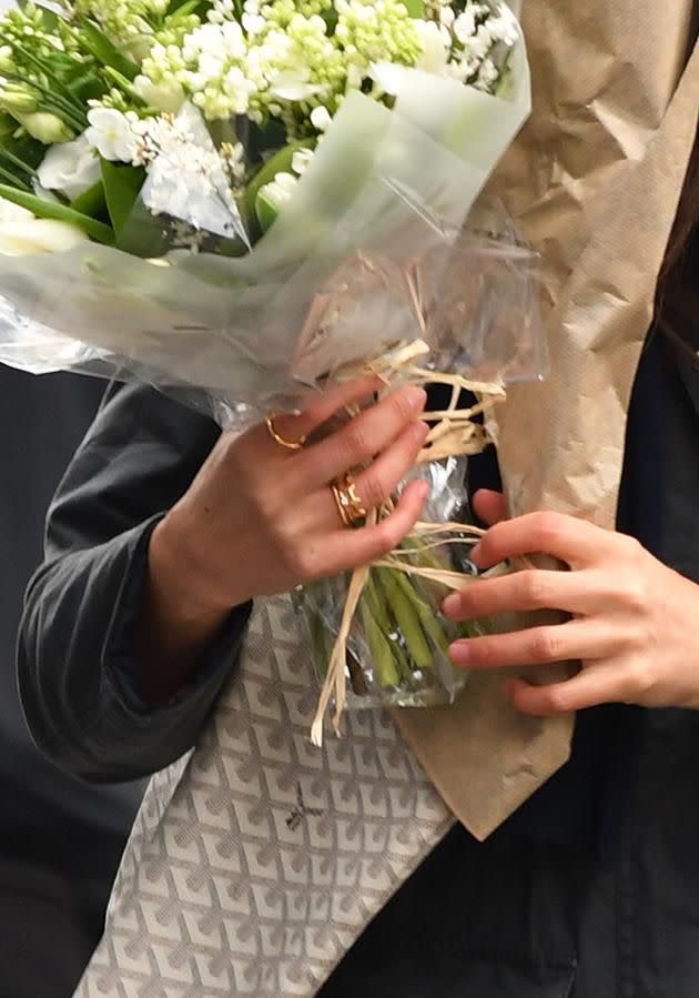 Meghan Markle has been spotted wearing this 'H' ring, in a nod to her love, Prince Harry. Photo: LDNPIX / MEGA