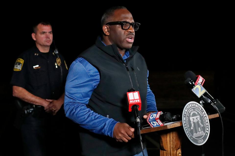 UGA Police chief Jeffrey L. Clark speaks to the media after the body of a women was found with visible injuries in the woods behind the campus intramural Fields in Athens, Ga., on Thursday, Feb. 22, 2024.