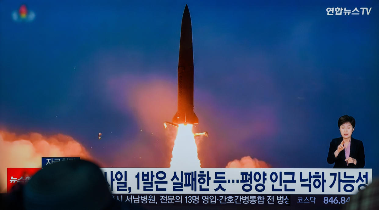 SEOUL, SOUTH KOREA - 2024/07/01: A 24-hour Yonhapnews TV broadcast at Yongsan Railway Station in Seoul showing a news broadcast with file footage of a North Korean missile launch. North Korea fired two ballistic missiles in a northeastern direction July 1, South Korea's military said, with one of the launches possibly failing and the missile falling inland within the North Korea. (Photo by Kim Jae-Hwan/SOPA Images/LightRocket via Getty Images)