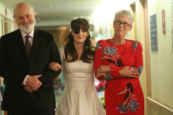 Rob Reiner, Zooey Deschanel, and Jamie Lee Curtis in an episode of "New Girl" titled "The Curse of the Pirate Bride".<span class="copyright">Copyright © 20th Century Fox Licensing/Merchandising / Everett Collection</span>