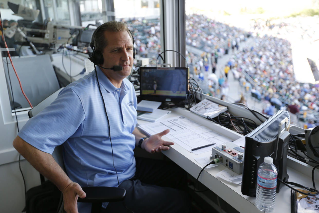 MESA, AZ - MARCH 8: Broadcaster Glen Kuiper Jr. of the Oakland Athletics works from the pressbox during the game against the Chicago White Sox at Hohokam Stadium on March 8, 2015 in Mesa, Arizona. (Photo by Michael Zagaris/Oakland Athletics/Getty Images)  