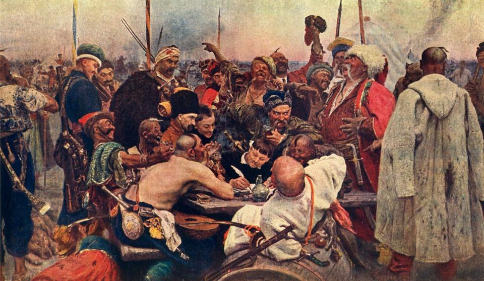 The Cossacks' Reply to the Sultan (Zaporozhtsy)', circa 1890, (1939). 'Reply of the Zaporozhian Cossacks to Sultan Mehmed IV of Turkey', also known as 'Cossacks of Saporog Are Drafting a Manifesto', 19th-century imagining of a supposed historical event of 1676, based on the legend of Cossacks sending an apparently rude and insulting reply to an ultimatum from Sultan Mehmed IV of the Ottoman Empire. 'On the right is Taras Bulba (in a white cap), the hero of Gogol's tale of the same name; on the left is Andrei, Taras Bulba's son; almost in the centre sits Ataman (Chief) Serko with a pipe in his mouth'. (The Print Collector/Getty Images)