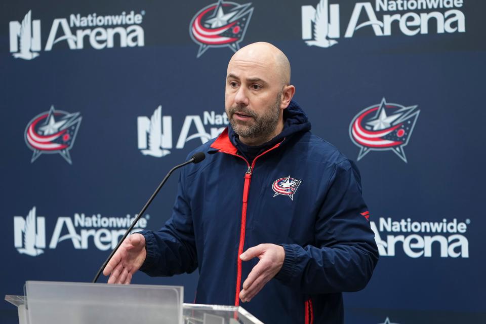 Feb 15, 2024; Columbus, Ohio, USA; Columbus Blue Jackets head coach Pascal Vincent speaks during a press conference after general manager Jarmo Kekalainen was fired at Nationwide Arena.