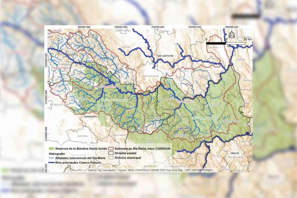 Cartografía que representa al Río Santa María, sus subcuencas y las Reservas de la Biósfera Sierra Gorda Querétaro y Guanajuato.