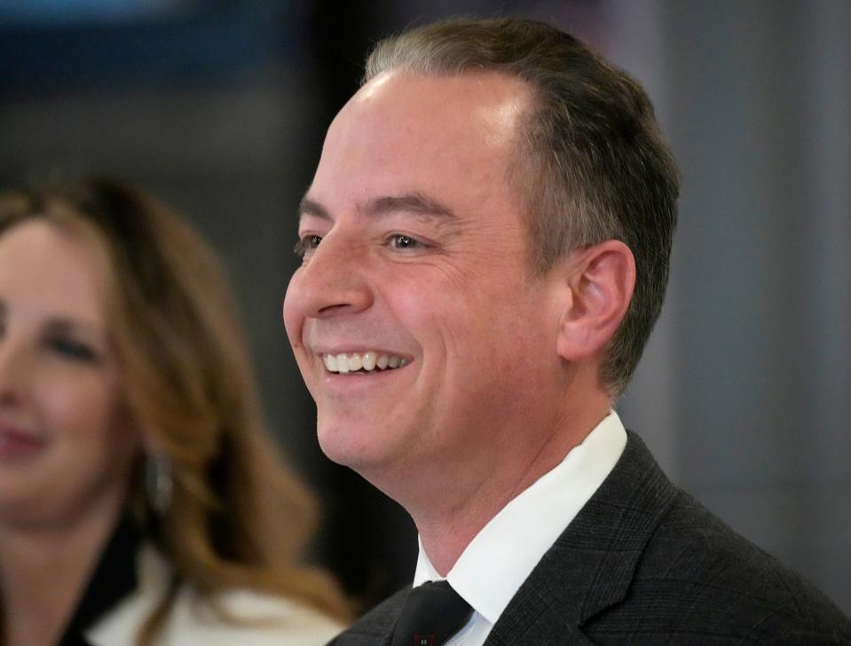 Republican host committee chairman Reince Priebus laughs during an update on the preparations taking place for the 2024 Republican National Convention in Milwaukee. Officials held the press conference at the 3rd Street Market Hall in Milwaukee on Thursday, Feb. 2, 2023, addressing details of the convention to be held July 15-18, 2024.