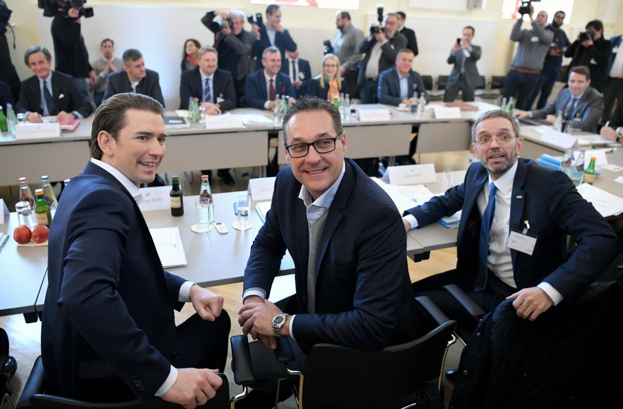 Austrian conservative chancellor Sebastian Kurz, far-right deputy chancellor Heinz Christian Strache, and far-right interior minister Herbert Kickl are in coalition together: AFP/Getty