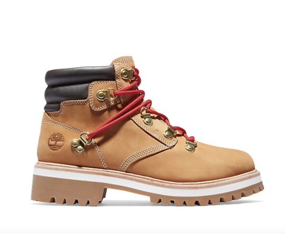 Timberland Heritage Limited Vibram Hiker Boots in camel with red laces (Photo via The Bay)