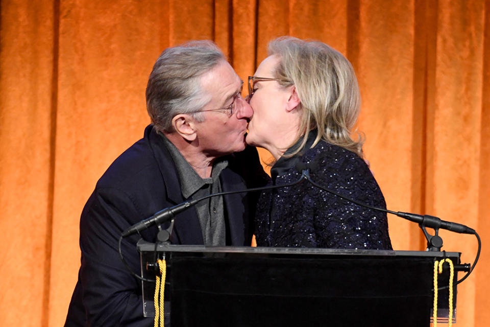 <p>The longtime friends shared quite a smooch as Streep accepted the National Board of Review Annual Award for Best Actress for her role in <em>The Post</em>. “Thank you for speaking out on matters of conscience that affect us all,” he said as he presented the honor. “Thank you for being an actress who plays the most interesting characters with full commitment and without judgement. Meryl doesn’t seem to have any imperfections. And I say that with the most love for you, Meryl. I love you so much.” (Photo: Dimitrios Kambouris/Getty Images for National Board of Review) </p>