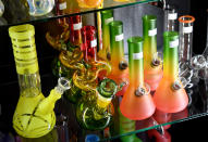 <p>Bongs are displayed at Essence Vegas Cannabis Dispensary before the midnight start of recreational marijuana sales on June 30, 2017 in Las Vegas, Nev. (Photo: Ethan Miller/Getty Images) </p>