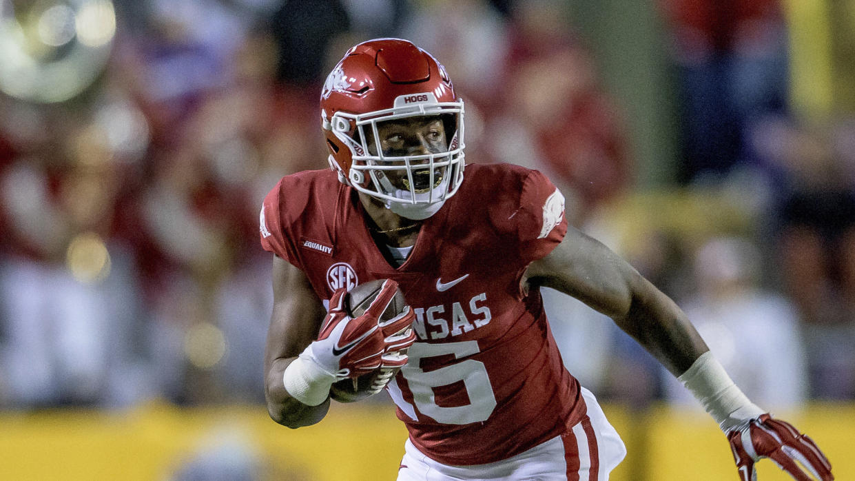 Arkansas wide receiver Treylon Burks (16) runs during an NCAA college football game against LSU in Baton Rouge, La., Saturday, Nov. 13, 2021. (AP Photo/Matthew Hinton)