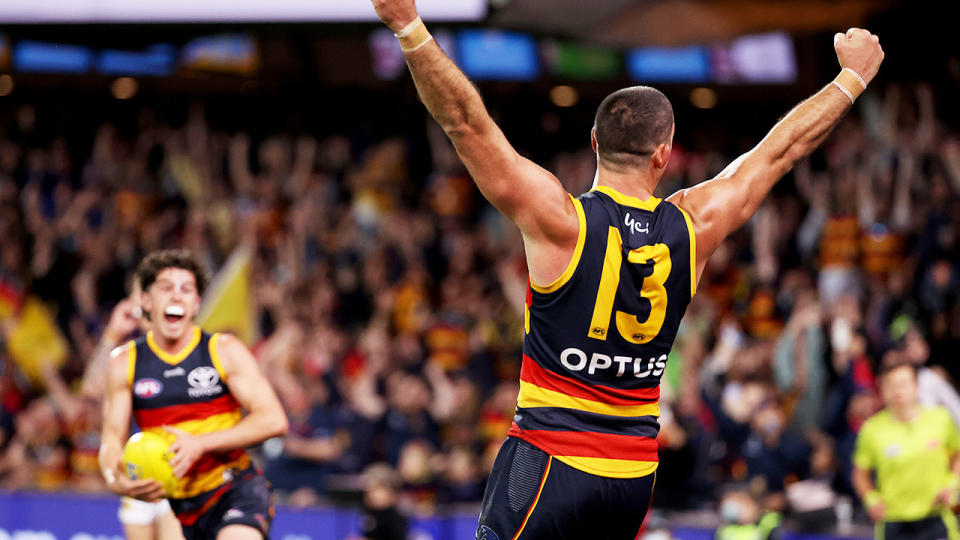 Taylor Walker, pictured here after the Crows' win over Melbourne.