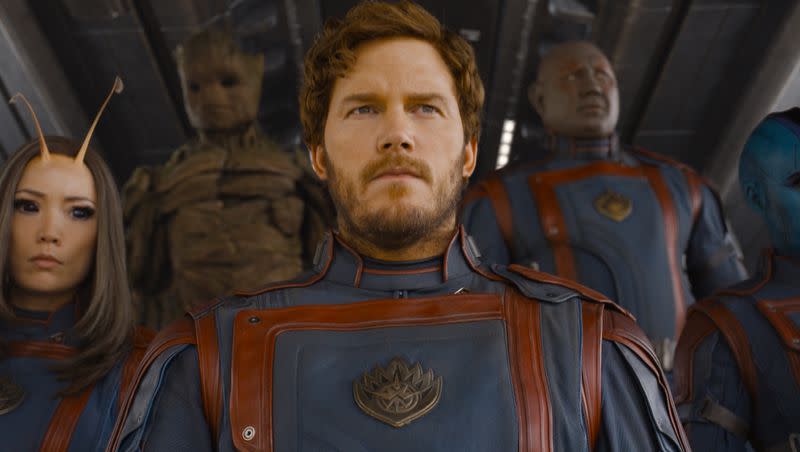 From left, Pom Klementieff as Mantis, Groot (voiced by Vin Diesel), Chris Pratt as Peter Quill/Star-Lord, Dave Bautista as Drax, Karen Gillan as Nebula in Marvel Studios’ “Guardians of the Galaxy Vol. 3.”