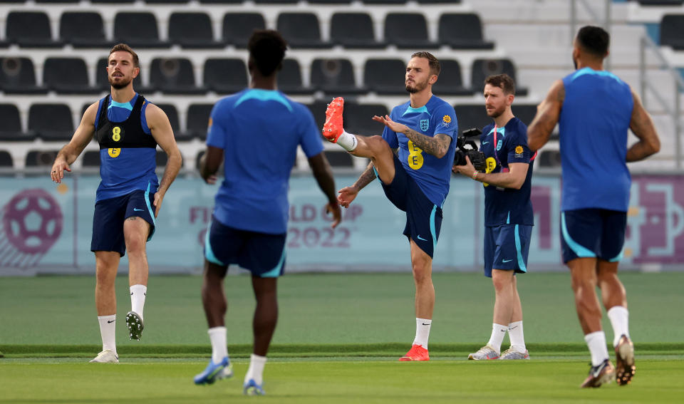 DOHA, QATAR - NOVEMBER 16: James Maddison warms up during the England teaining session at Al Wakrah Stadium on November 16, 2022 in Doha, Qatar. (Photo by Lars Baron/Getty Images)