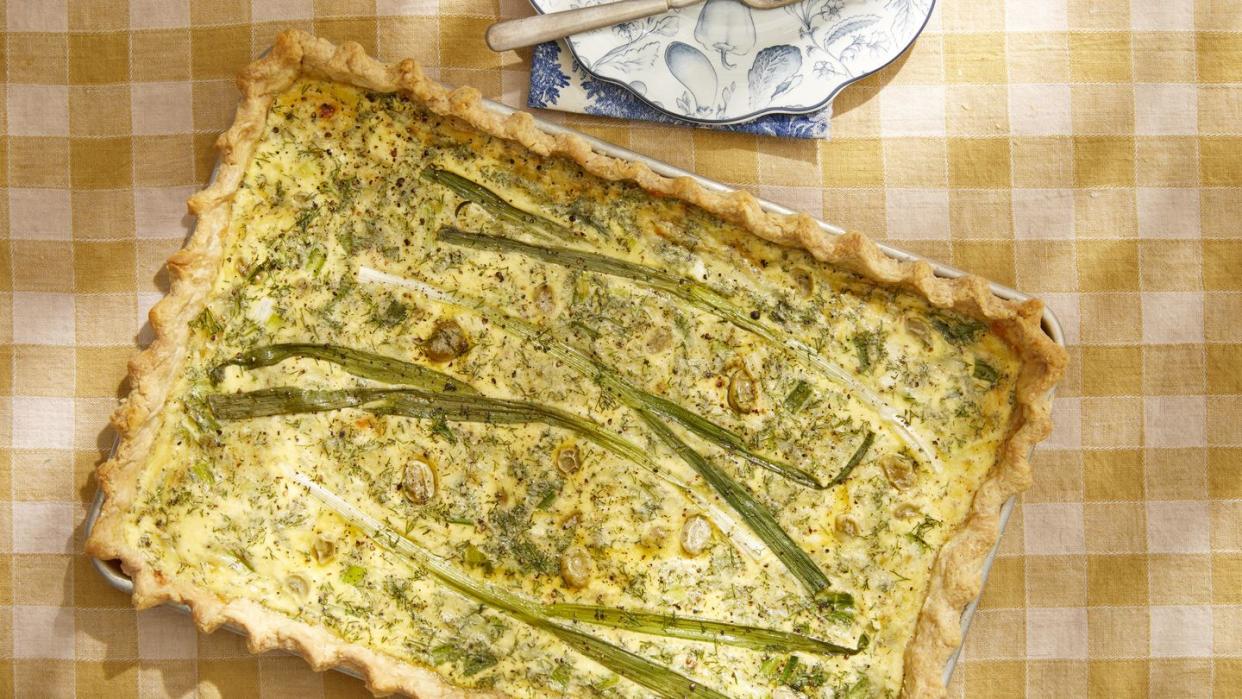 sheet pan quiche with scallions, dill, and fava beans