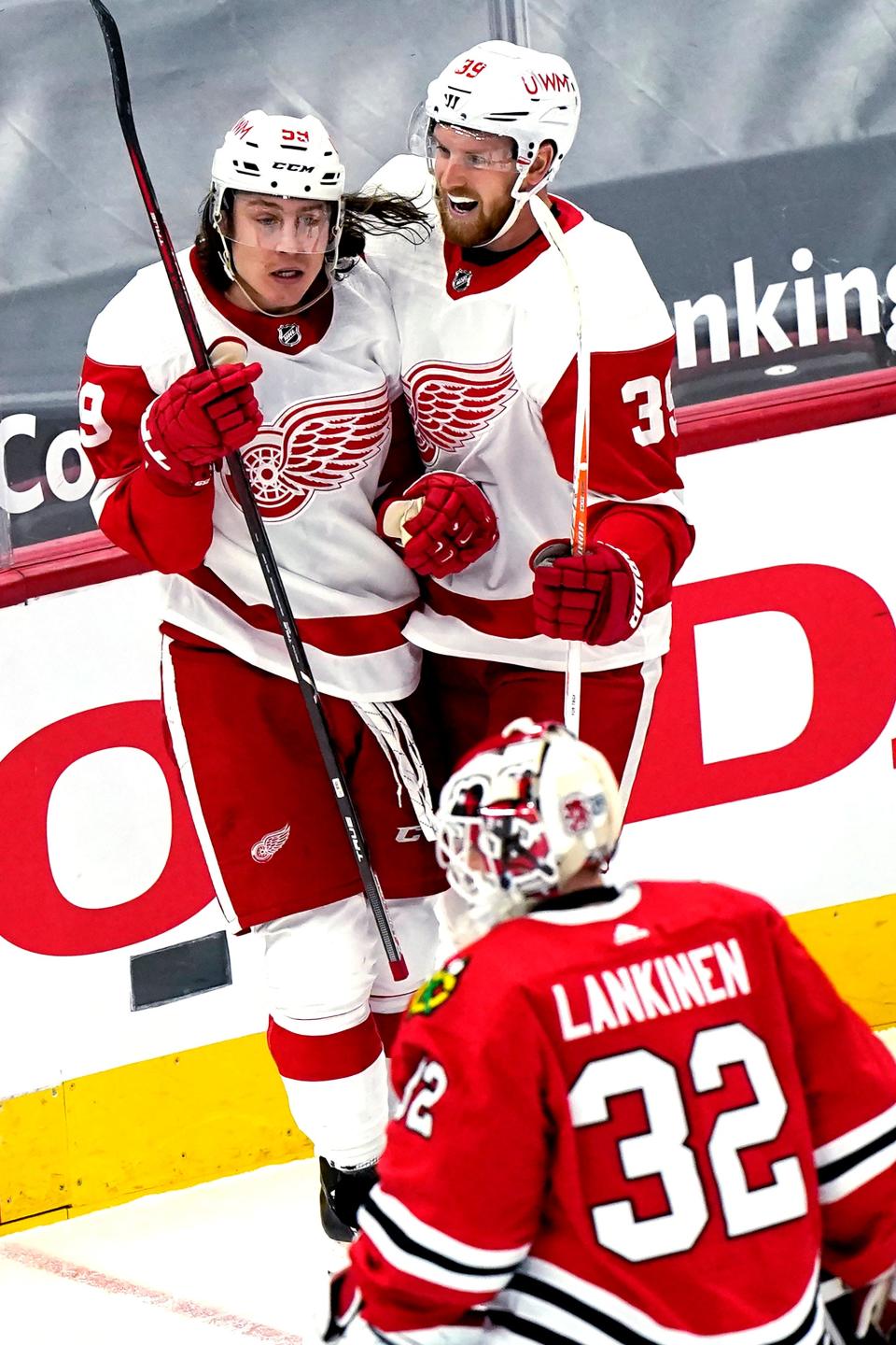 The Detroit Red Wings would like to see more celebrating from Anthony Mantha (right) and less defensive lapses.