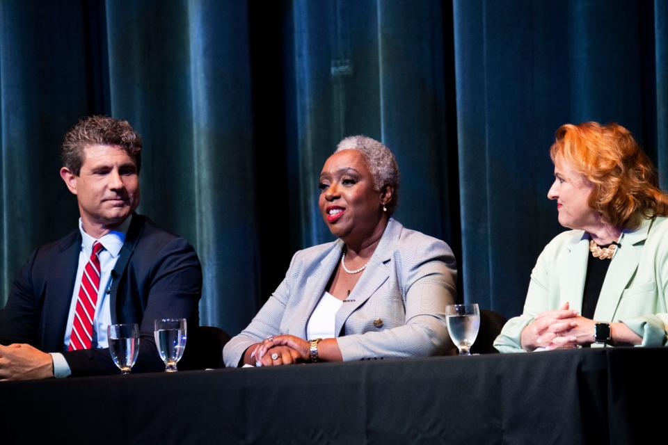 Sharon Hurt, at-large Metro Nashville Council member, answers questions during a debate for the Nashville mayoral candidates at Fisher Performing Arts Center in Nashville , Tenn., Thursday, May 18, 2023.