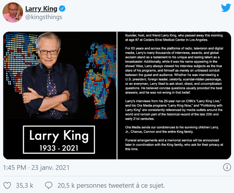 Mort du célèbre journaliste américain Larry King à l'âge de 87 ans