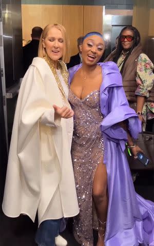 <p>Sonyae Elise/Instagram</p> Céline Dion and Sonyae Elise sing backstage at the 2024 Grammys