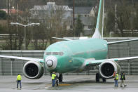 A worker at right holds up protective covers that need to be removed before flight so the pilots of a Boeing 737 Max airplane can see them, Wednesday, Dec. 11, 2019, prior to a test flight at Renton Municipal Airport in Renton, Wash. The plane is being built for Norwegian Air International. (AP Photo/Ted S. Warren)