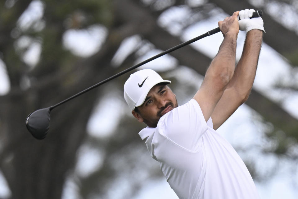 Jason Day hits his tee shot on the fifth hole of the South Course during the final round of the Farmers Insurance Open golf tournament, Saturday, Jan. 29, 2022, in San Diego. (AP Photo/Denis Poroy)