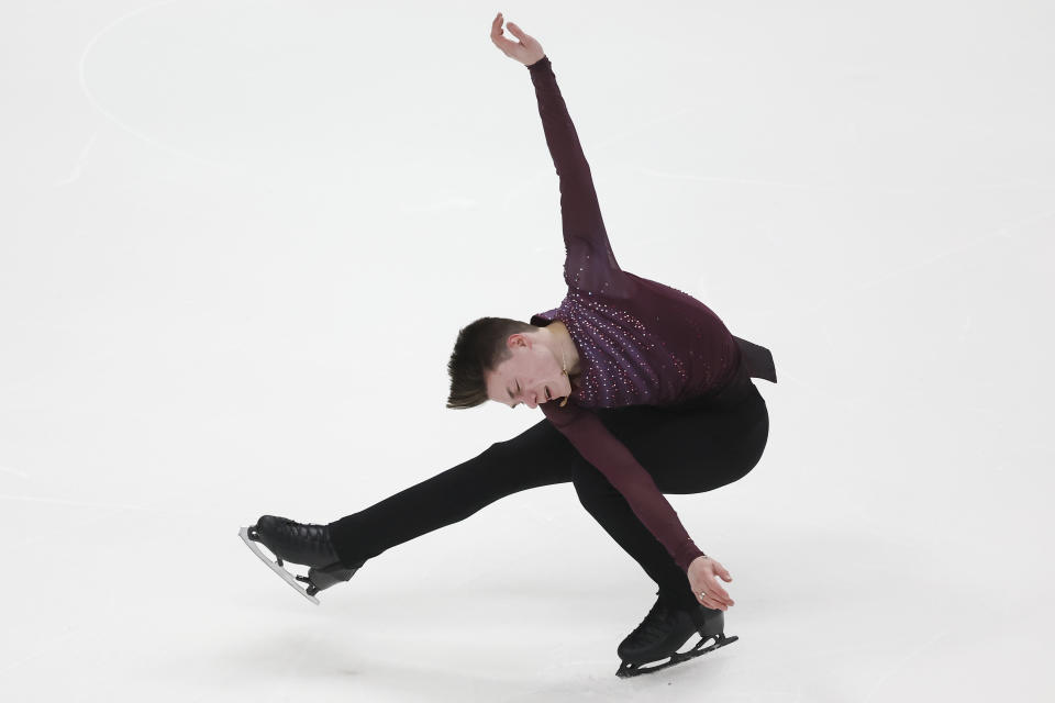 Maxim Naumov performs during the men's short program at the U.S. figure skating championships in San Jose, Calif., Friday, Jan. 27, 2023. (AP Photo/Josie Lepe)