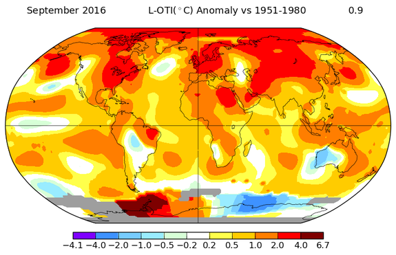 Global average surface temperature departures from average in Sept. 2016.