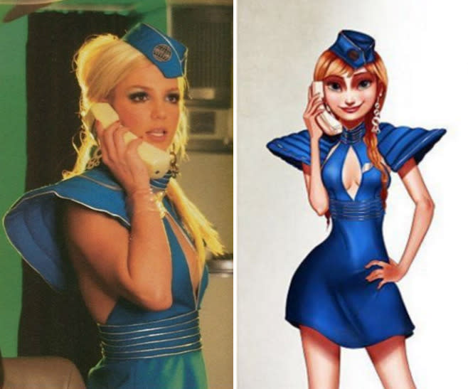 En 2003, la estrella se convirtió en la azafata de vuelo más sexy que jamás hayamos visto en el video de ‘Toxic’. ¿Qué te parece esta versión de la princesa Anna de Disney en la piel Britney? (Foto de Youtube/BritneySpearsVEVO/Instagram/@isaiahks_art).