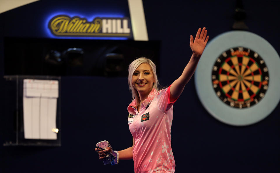 Fallon Sherrock celebrating after becoming the first women to win a game in the PDC William Hill World Championship during day five of the William Hill World Championships at Alexandra Palace, London. (Photo by Steven Paston/PA Images via Getty Images)