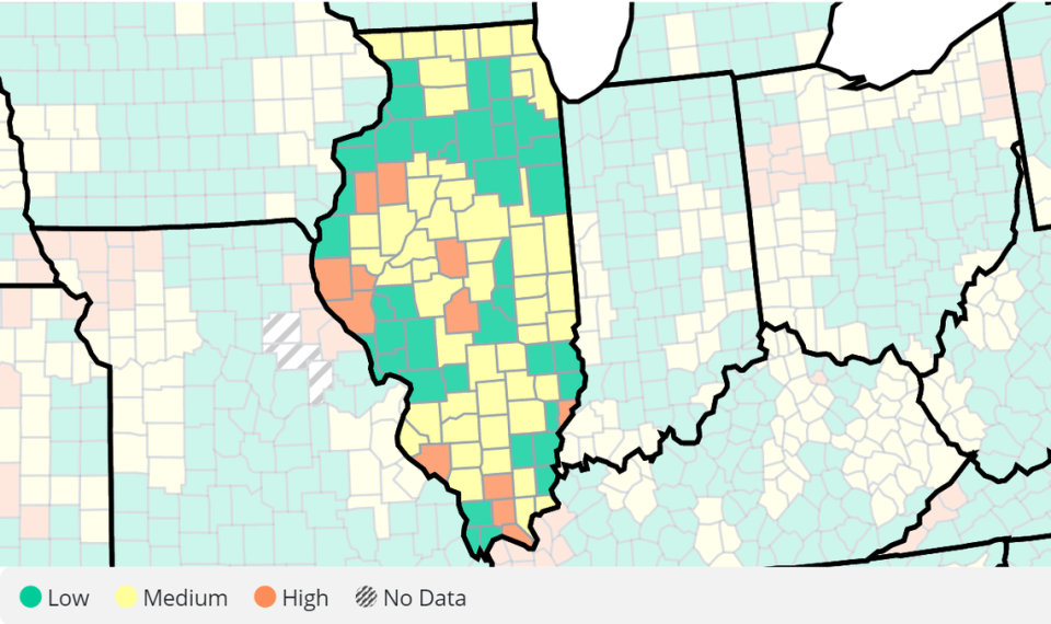 The U.S. Centers for Disease Control and Prevention rated 63 Illinois counties at elevated COVID-19 community levels in its latest update.