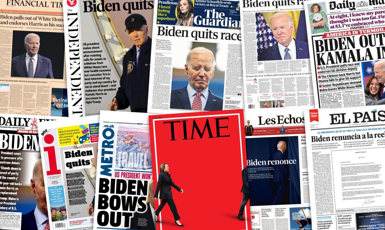 <span>Front page composite papers from the UK, US and around the world after US president Joe Biden announces he is dropping his re-election bid and endorsing his vice-president, Kamala Harris.</span><span>Composite: Financial Times, Independent, The Guardian, Daily Telegraph, Daily Mail, Daily Express, i, Metro UK, Time, Les Echoes, El Pais</span>