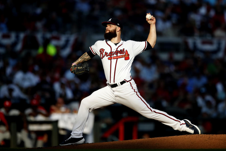 ATLANTA, GEORGIA - OCTOBER 03:  Dallas Keuchel #60 of the Atlanta Braves delivers the pitch against the St. Louis Cardinals during the third inning in game one of the National League Division Series at SunTrust Park on October 03, 2019 in Atlanta, Georgia. (Photo by Todd Kirkland/Getty Images)