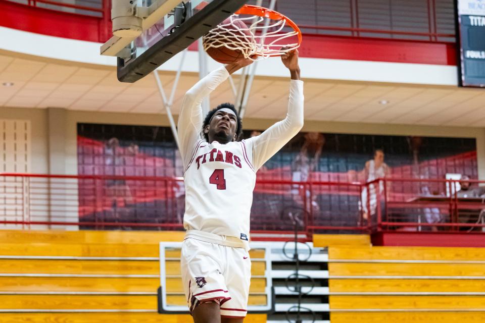 IU South Bend’s Jylen Petty dunks during the IU South Bend vs. Saint Xavier men’s basketball game Wednesday, Jan. 10, 2024 on campus at IUSB. (Photo courtesy of IU South Bend)