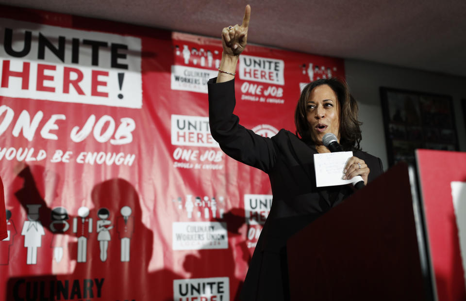 Democratic presidential candidate Sen. Kamala Harris, D-Calif., speaks at a town hall event at the Culinary Workers Union, Friday, Nov. 8, 2019, in Las Vegas. (AP Photo/John Locher)