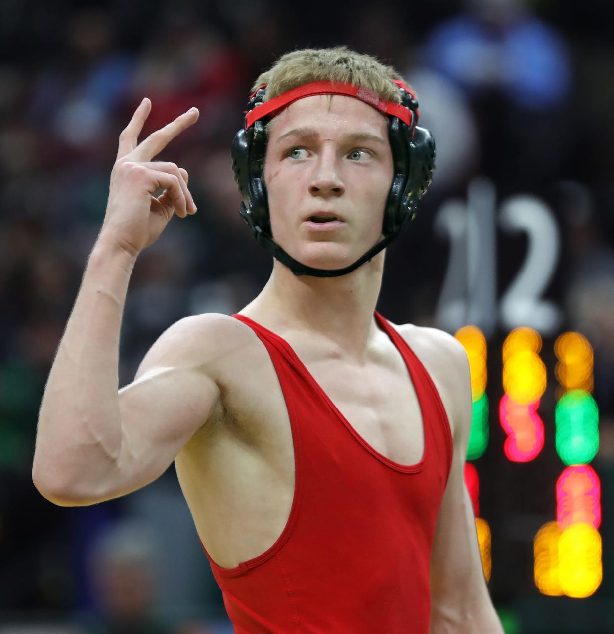 Jaxon Joy of Wadsworth flashes two fingers after winning his second Division I state title with a win against Kade Brown of St. Edward during the OHSAA State Wrestling Tournament at the Jerome Schottenstein Center, Sunday, March 12, 2023, in Columbus, Ohio.