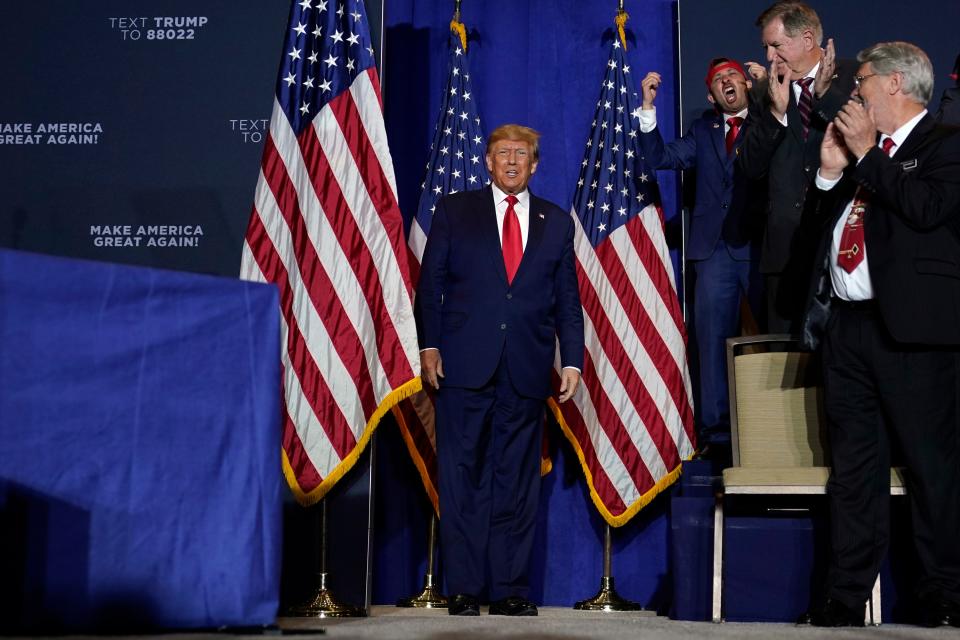 President Donald Trump arrives at a campaign rally, Thursday, April 27, 2023, in Manchester, N.H. (AP Photo/Charles Krupa) ORG XMIT: NHCK304
