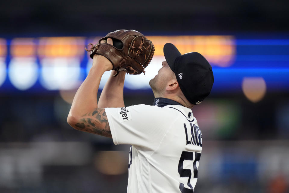 Detroit Tigers relief pitcher Alex Lange reacts after the last out to end the ninth inning of a baseball game against the Kansas City Royals, Monday, June 19, 2023, in Detroit. (AP Photo/Carlos Osorio)