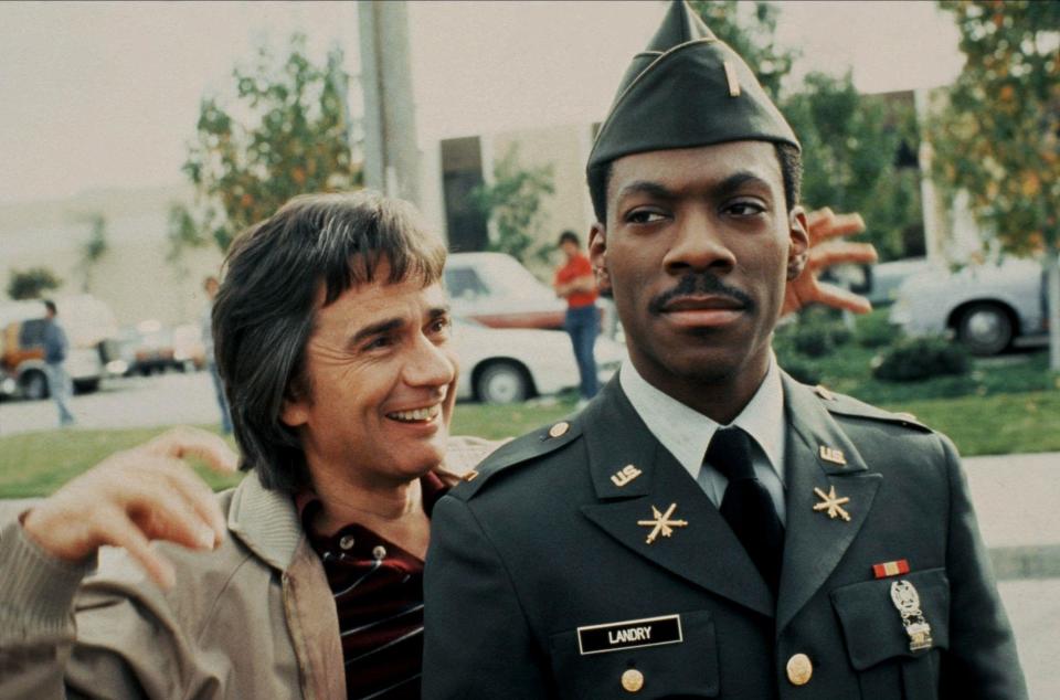 Dudley Moore and Eddie Murphy on the set of "Best Defense"