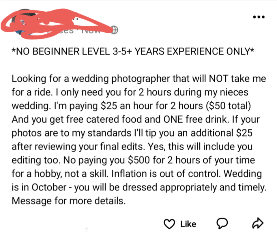 the post asking for a free photographer