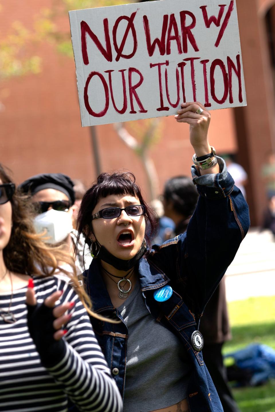 A protester at USC during a pro-Palestinian occupation on Wednesday (Copyright 2024 The Associated Press. All rights reserved)