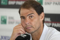 Rafael Nadal, of Spain, attends a press conference at the Italian Open tennis tournament in Rome, Wednesday, May 8, 2024.(AP Photo/Gregorio Borgia)