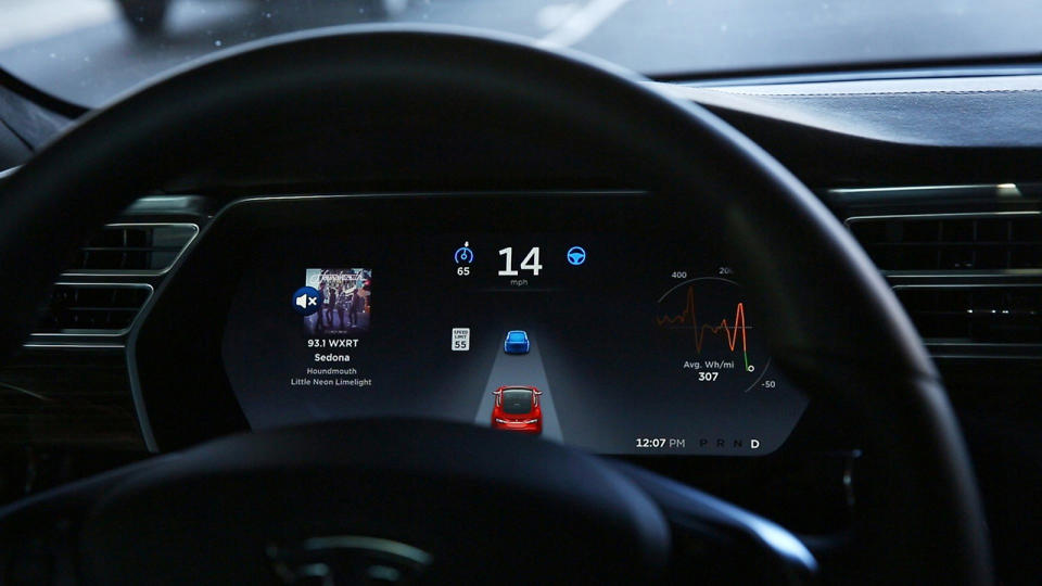 The dashboard of the software-updated Tesla Model S P90D shows the icons enabling Tesla's autopilot, featuring limited hands-free steering, making the Tesla the closest thing on the market to an autonomous-driving enable vehicle. (Chris Walker/Chicago Tribune/Tribune News Service via Getty Images)