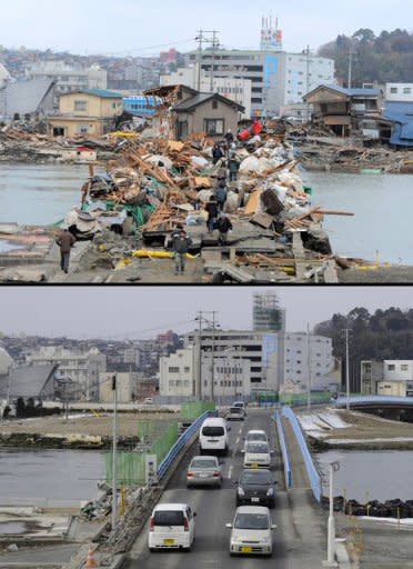 This combination of pictures shows residents crossing a bridge covered with debris in a tsunami hit area of the city of Ishinomaki in Miyagi prefecture on March 15, 2011 (top) and the same area on January 13, 2012 (bottom). March 11, 2012 will mark the first anniversary of the massive tsunami that pummelled Japan, claiming more than 19,000 lives. AFP PHOTO / KIM JAE-HWAN (top) AFP PHOTO / TORU YAMANAKA (bottom)