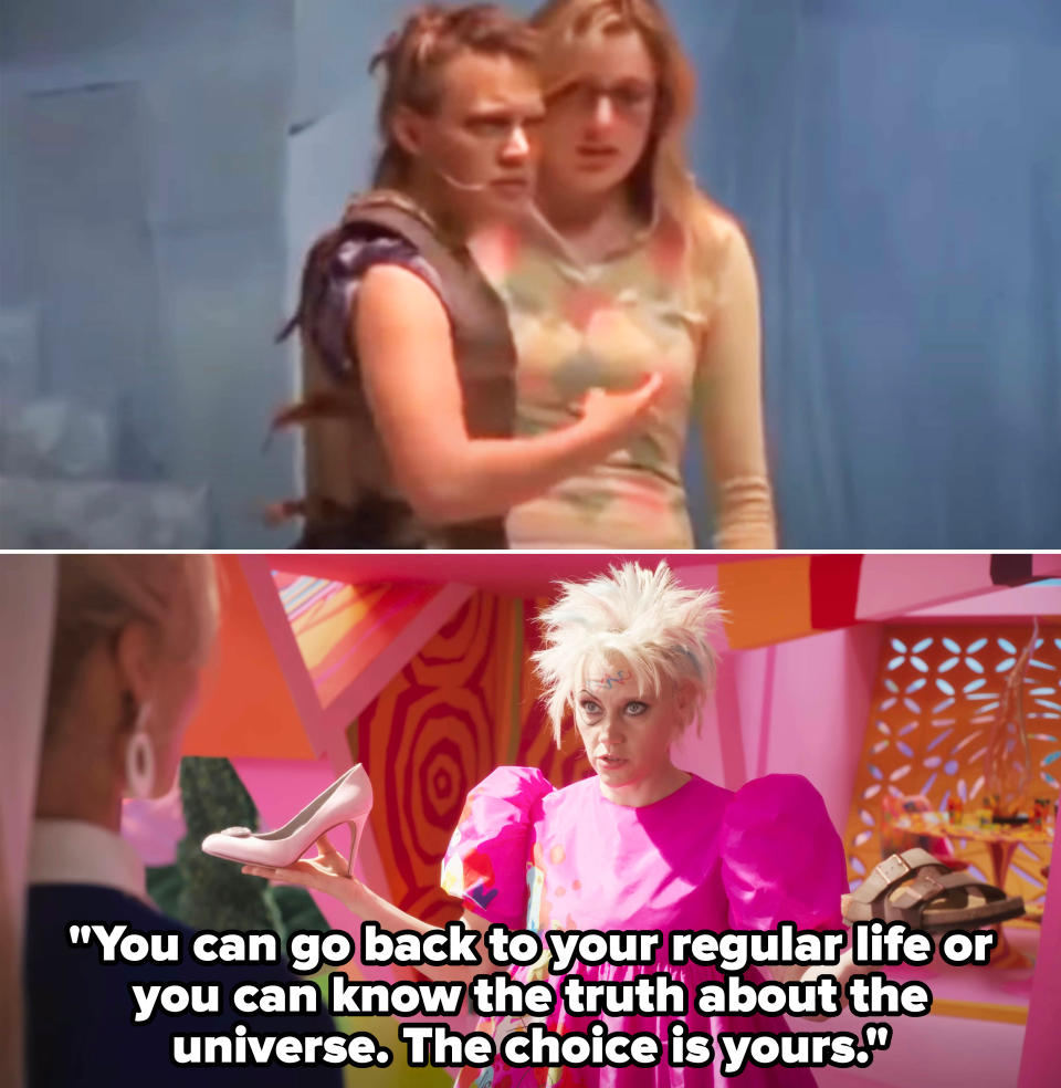 Kate McKinnon and Greta Gerwig in college, and Kate McKinnon in "Barbie"