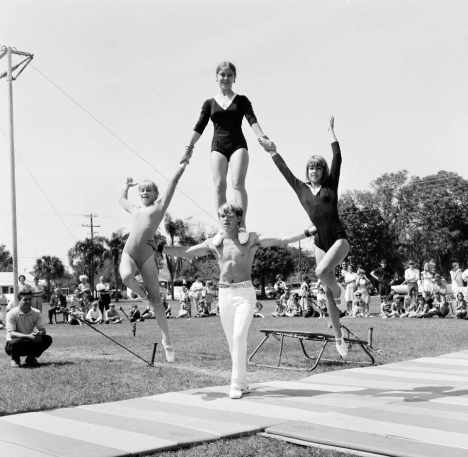 Acrobats from the Sarasota Sailor Circus perform during the DeSoto Celebration in 1969.