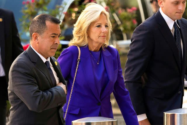 <p>RYAN COLLERD/AFP via Getty Images</p> First lady Jill Biden arrives for the first day of Hunter Biden's criminal trial in Wilmington, Del., on June 3